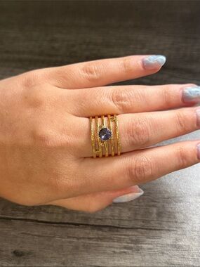 Gold plated stainless steel purple stone adjustable ring